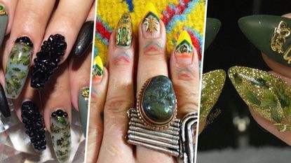 Finger, Skin, Green, Nail, Style, Pattern, Nail care, Nail polish, Cosmetics, Glitter, 