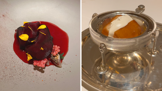 Two images side by side, one a close up of the beetroot, mackerel and wasabi dish, the other a serving of rum baba