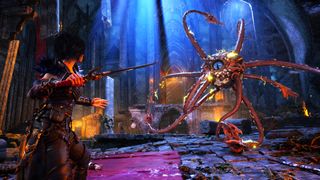A dark-haired warrior in fantasy armor holds a sword, facing a floating, tentacled creature with a single glowing eye inside a ruined stone hall.
