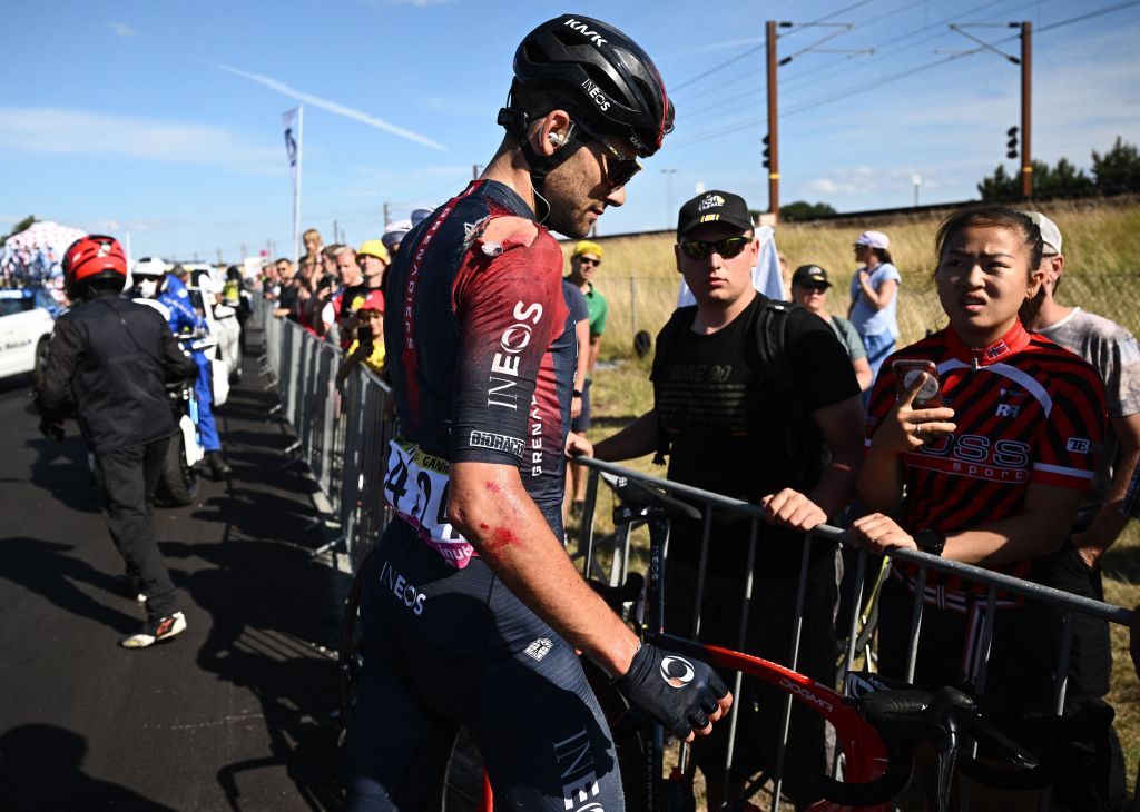 Ineos Grenadiers teams Italian rider Filippo Ganna reacts after crash during the 2nd stage of the Tour de France 