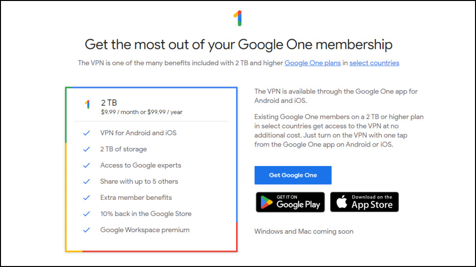 Et skærmbillede af Google One VPN's abonnement