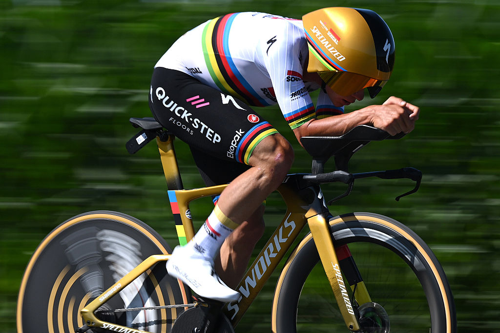 CAEN, FRANCE - JULY 09: Remco Evenepoel of Belgium and Team Soudal Quick-Step competes during the 112th Tour de France, Stage 5 a 33km individual time trial stage from Caen to Caen / #UCIWT / on July 09, 2025 in Caen, France. (Photo by Dario Belingheri/Getty Images)