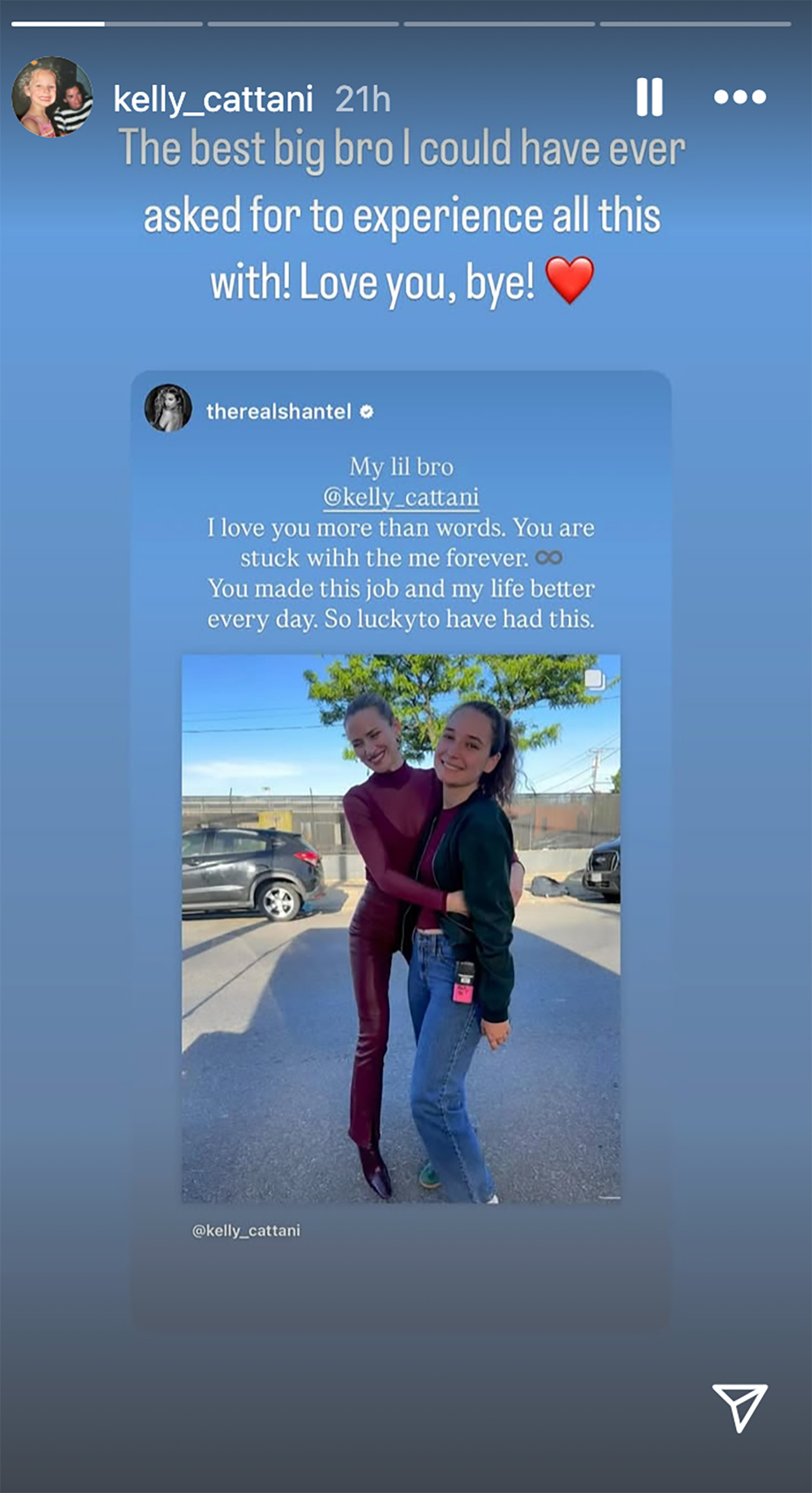 Kelly Cattani reposting story from Shantel VanSanten.