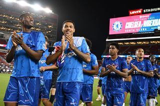 Tosin Adarabioyo, Levi Colwill, Andrey Santos and Angelo of Chelsea react following the Pre-Season Friendly match between Chelsea FC and Wrexham at Levi's Stadium on July 24, 2024 in Santa Clara, California. (Photo by Darren Walsh/Chelsea FC via Getty Images)