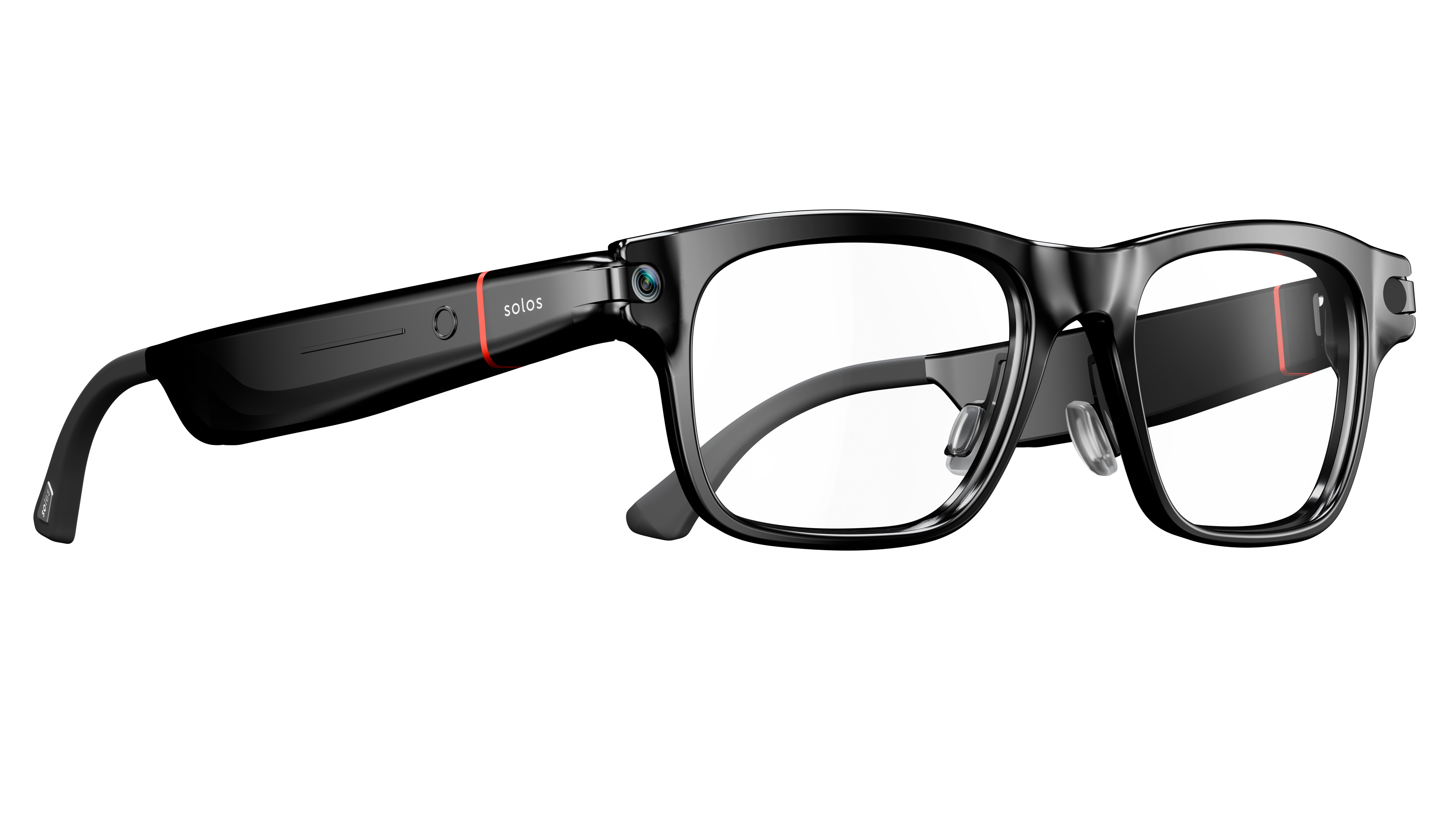 black Solos AirGo V2 smart glasses against a white background