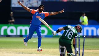 Jasprit Bumrah bowls Rizwan of Pakistan in the 2024 ICC T20 Cricket World Cup match between India and Pakistan.