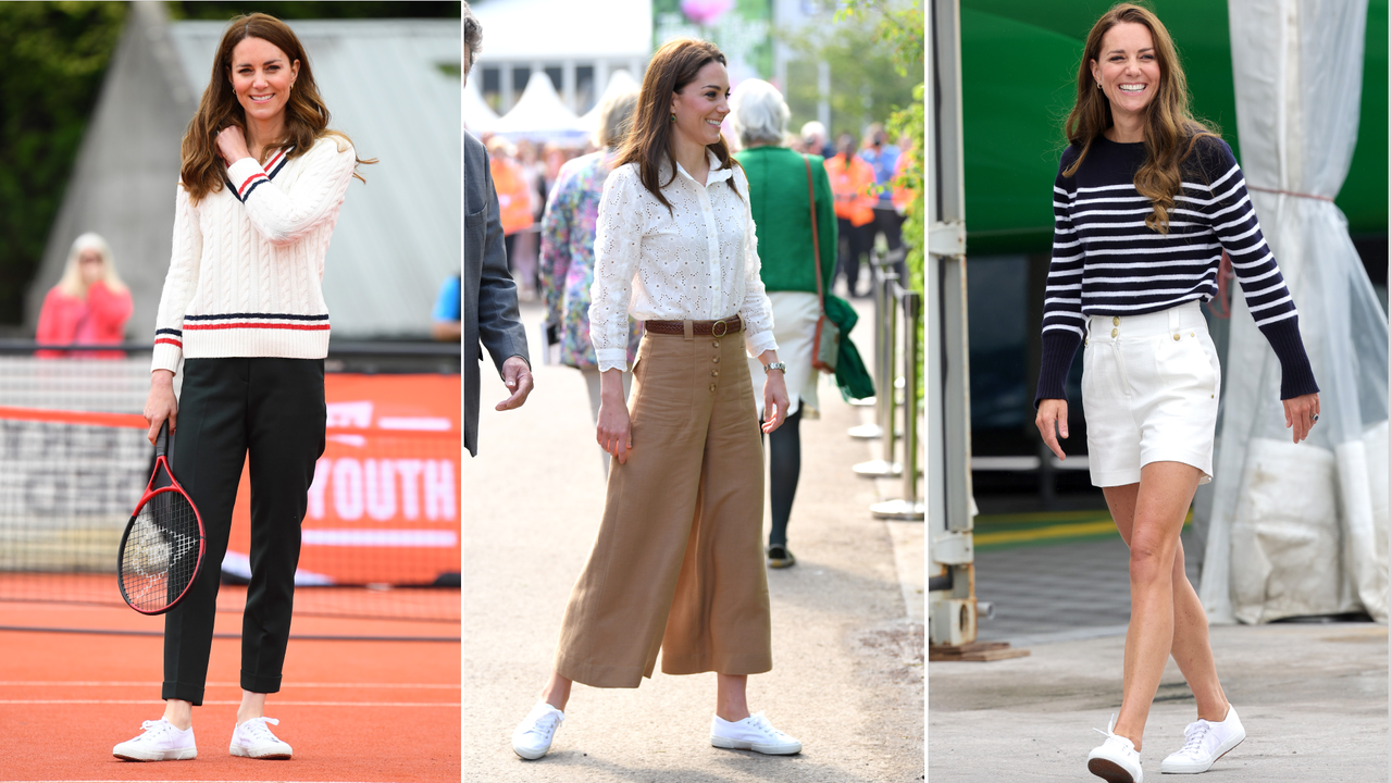 Kate Middleton wearing Superga sneakers with three different outfits