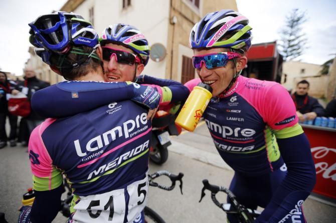 Sacha Modolo celebrates victory at the Trofeo Ses Selines with his Lampre-Merida teammates