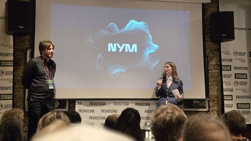 Harry Halpin, CEO and co-founder of Nym Technologies, and Chelsea Manning, Nym Technlogies&#039; security consultant, on stage at the Frontline Club in London during the NymVPN launch on March 13, 2025. 