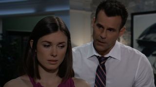 Katelyn MacMullen and Cameron Mathison as Willow and Drew deep in thought in General Hospital