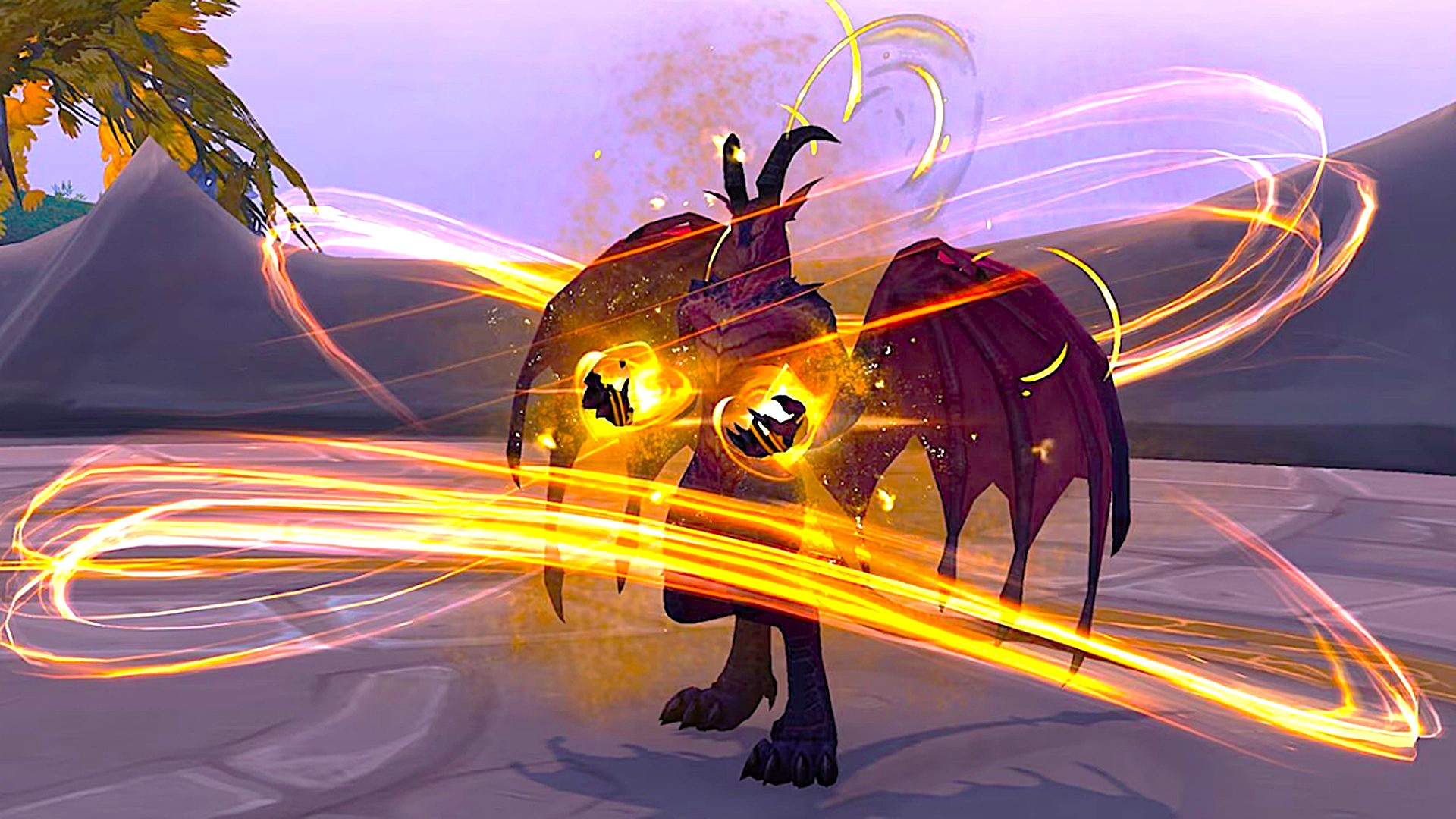 A red dragon-like humanoid is casting a magic spell amidst some ruins during the day.