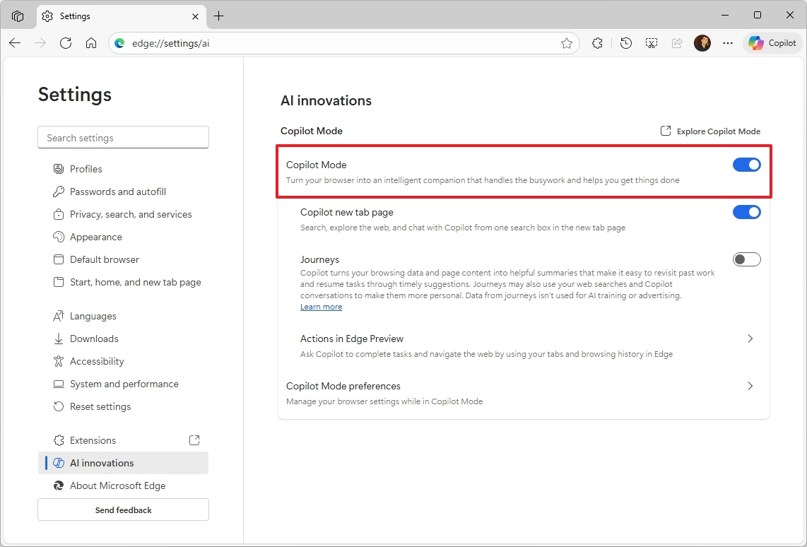 Microsoft Edge enable Copilot Mode
