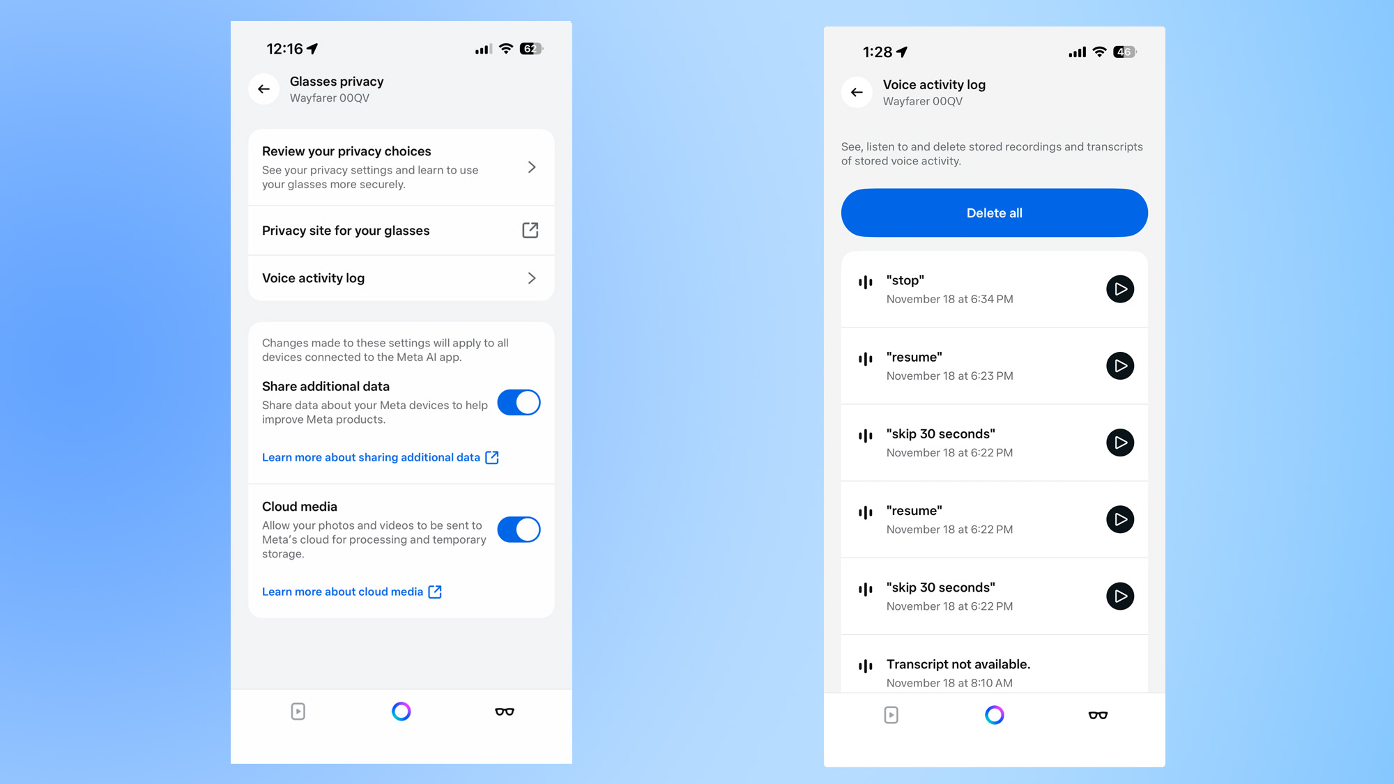 Ray-Ban Meta privacy settings