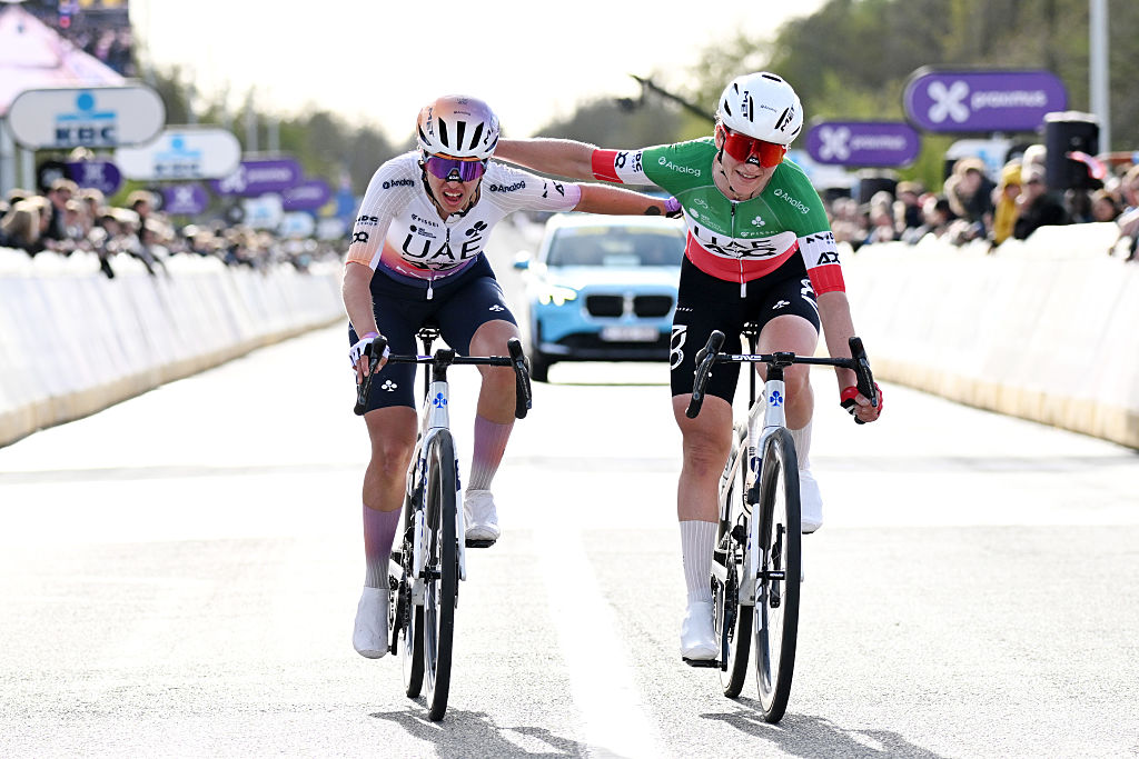 OUDENAARDE, BELGIUM - APRIL 05: (L-R) Silvia Persico of Italy and Elisa Longo Borghini of Italy and UAE Team ADQ cross the finish line during the 23rd Tour of Flanders 2026 - Ronde van Vlaandere - Women's Elite a 164.1km one day race from Oudenaarde to Oudenaarde / #UCIWWT / on April 05, 2026 in Oudenaarde, Belgium. (Photo by Dario Belingheri/Getty Images)