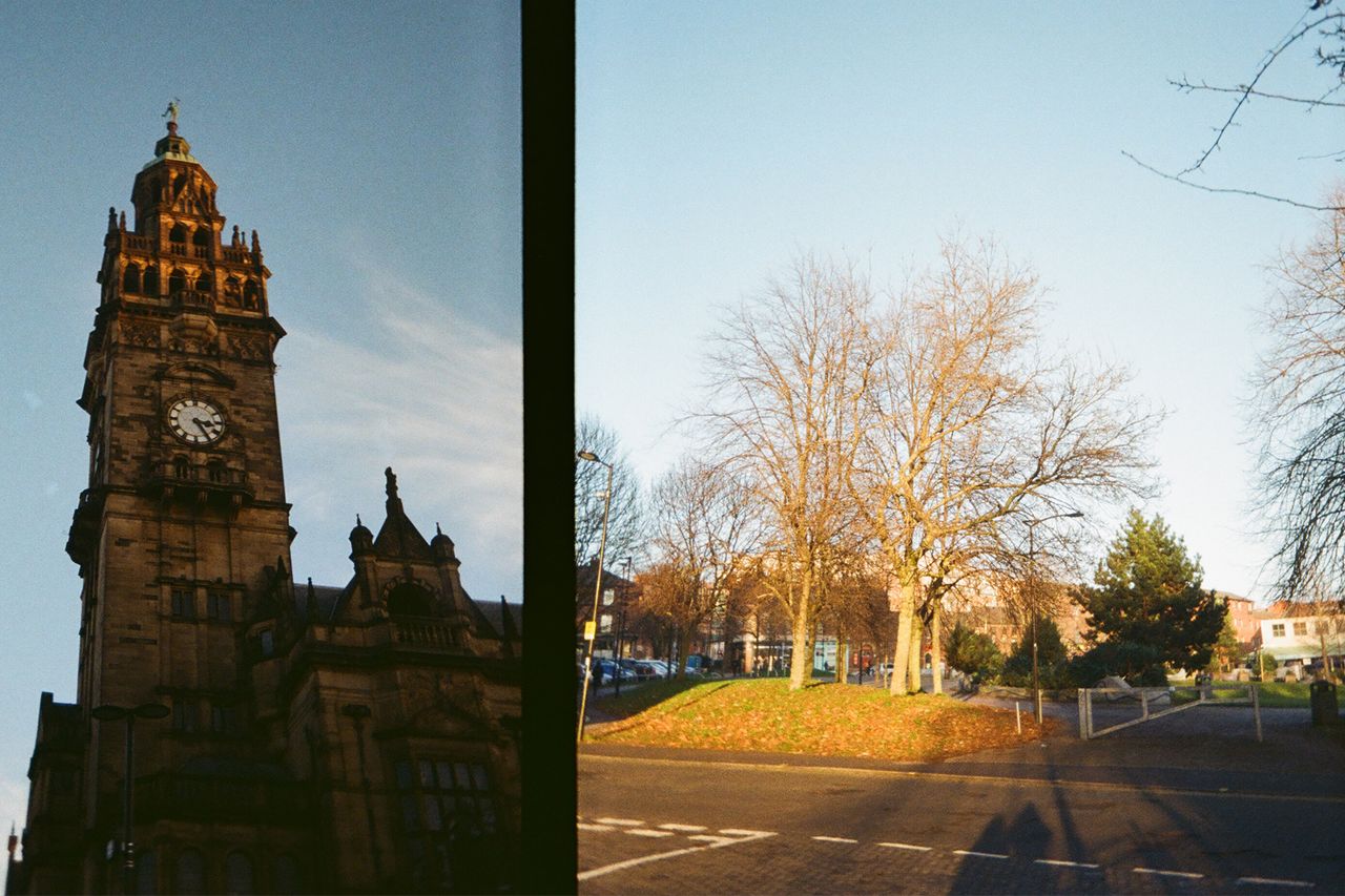 Two photos of a church and a tree taken on a Kodak Ektar H35 Half Frame film camera