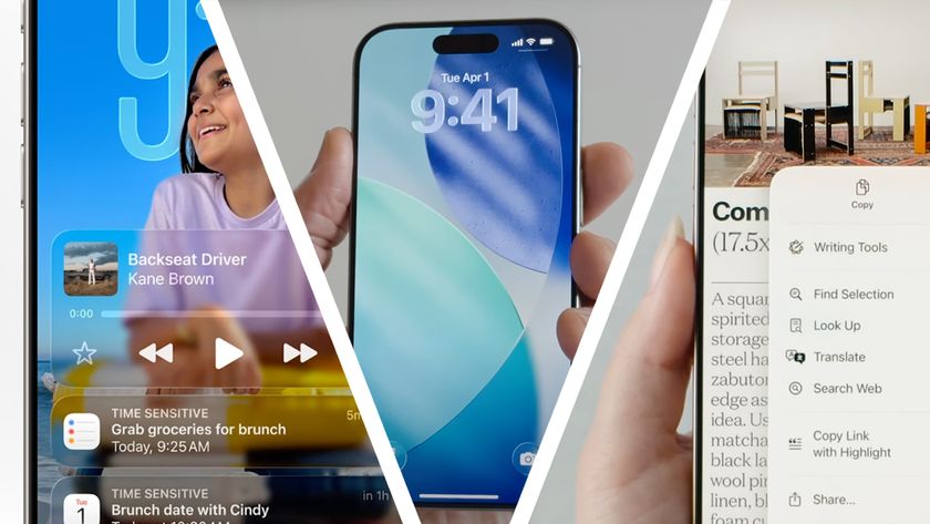 Three photos of iPhones running iOS 26 with the Liquid Glass material