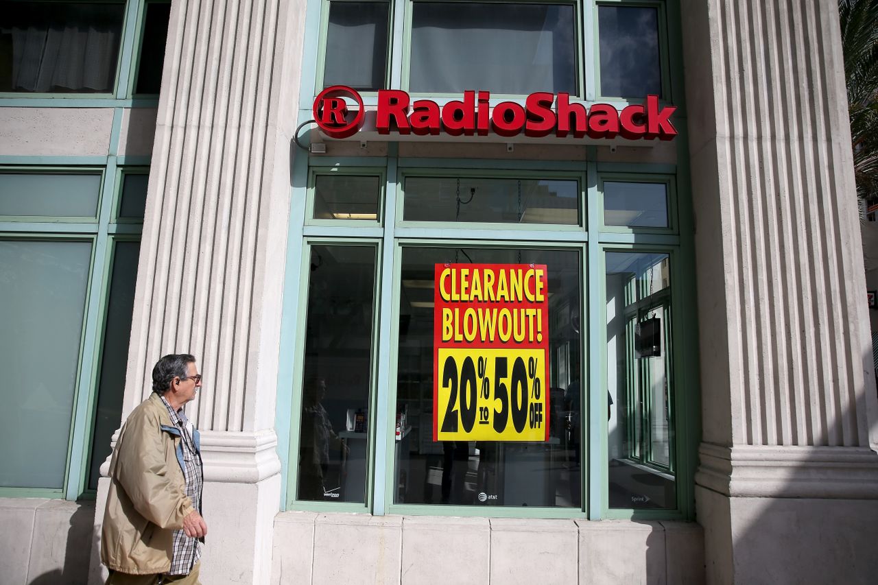 A RadioShack store advertises a sale