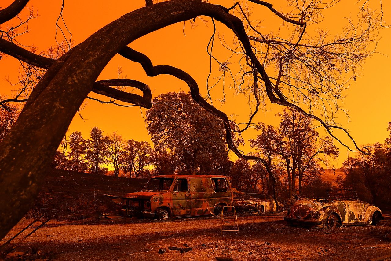 A view of cars that were destroyed by the Carr Fire on July 27, 2018 in Redding, California.