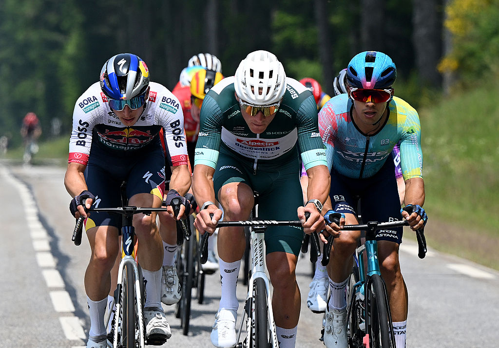 CHARANTONNAY FRANCE JUNE 10 LR Florian Lipowitz of Germany and Team Red Bull BORA hansgrohe Mathieu van der Poel of Netherlands and Team Alpecin Deceuninck Green points jersey and Harold Tejada of Colombia and Team XDS Astana compete in the breakaway during the 77th Criterium du Dauphine 2025 Stage 3 a 2072km stage from Brioude to Charantonnay UCIWT on June 10 2025 in Charantonnay France Photo by Dario BelingheriGetty Images
