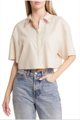 Open Edit Crop Linen Blend Button-Up Shirt