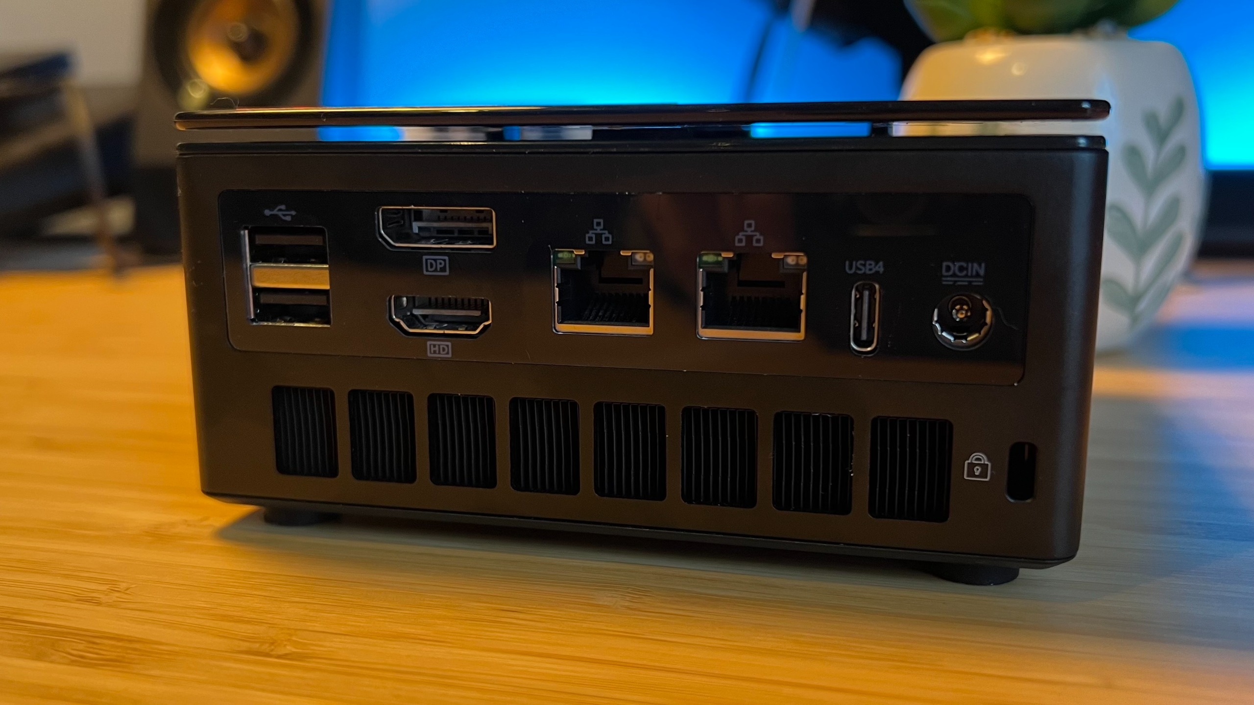Close up on rear ports of GMKTec K8 Plus mini PC