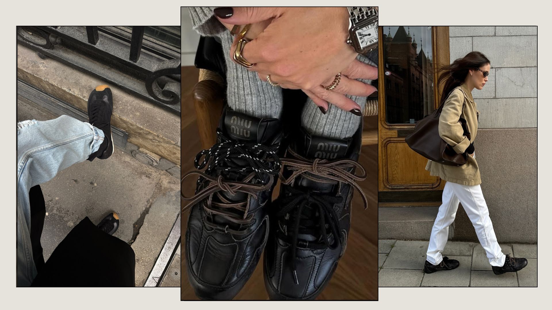 A collage of the best black trainers for women, including the Miu Miu x New Balance 530s and Loewe ballet runner. 