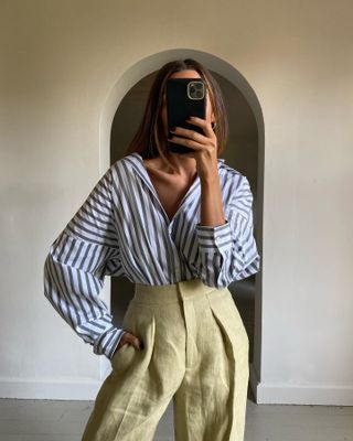 Marianne Smyth Sister 30 Striped Pieces to Buy Now and Wear Forever Stripe Button-Down Shirt Outfit Idea