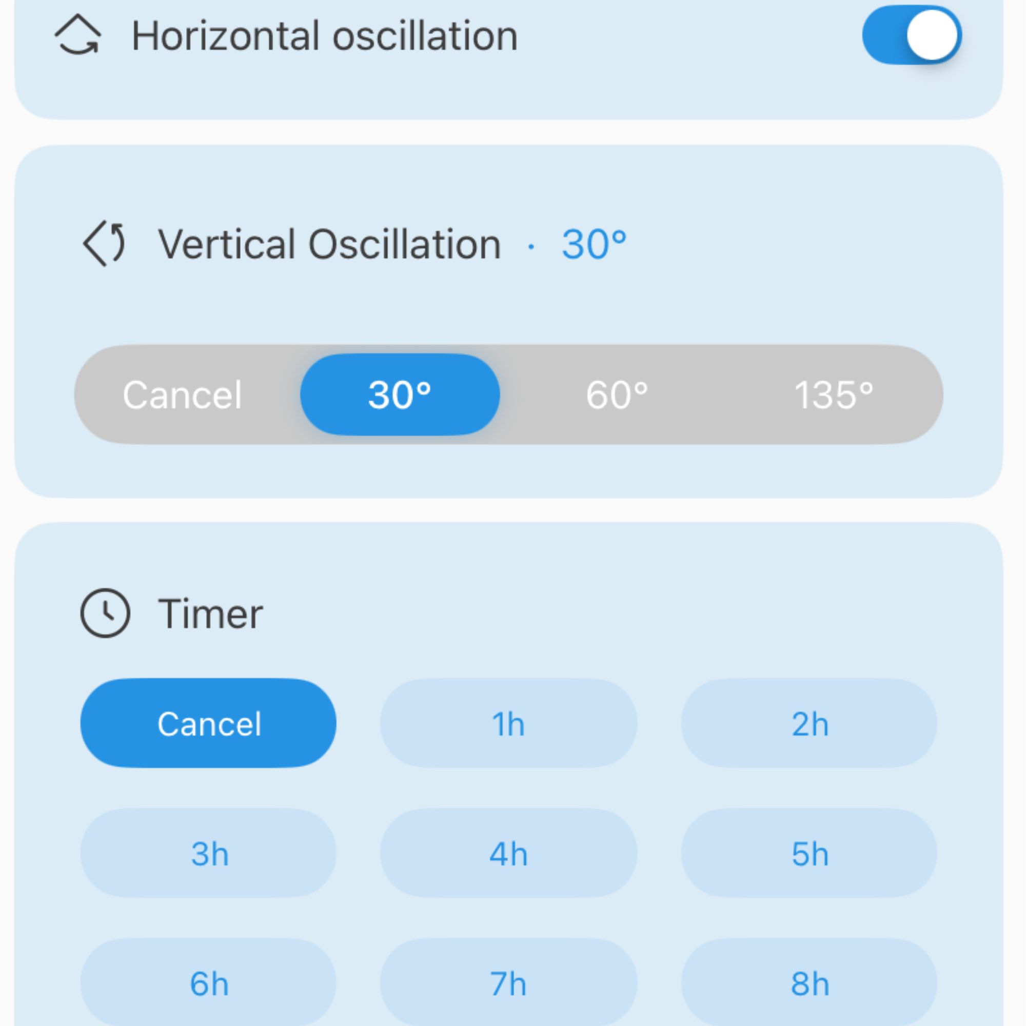 Smart app controls for the Pro Breeze Airflo 43'' Hybrid Pedestal Fan showing how to select the vertical oscillation and timer settings