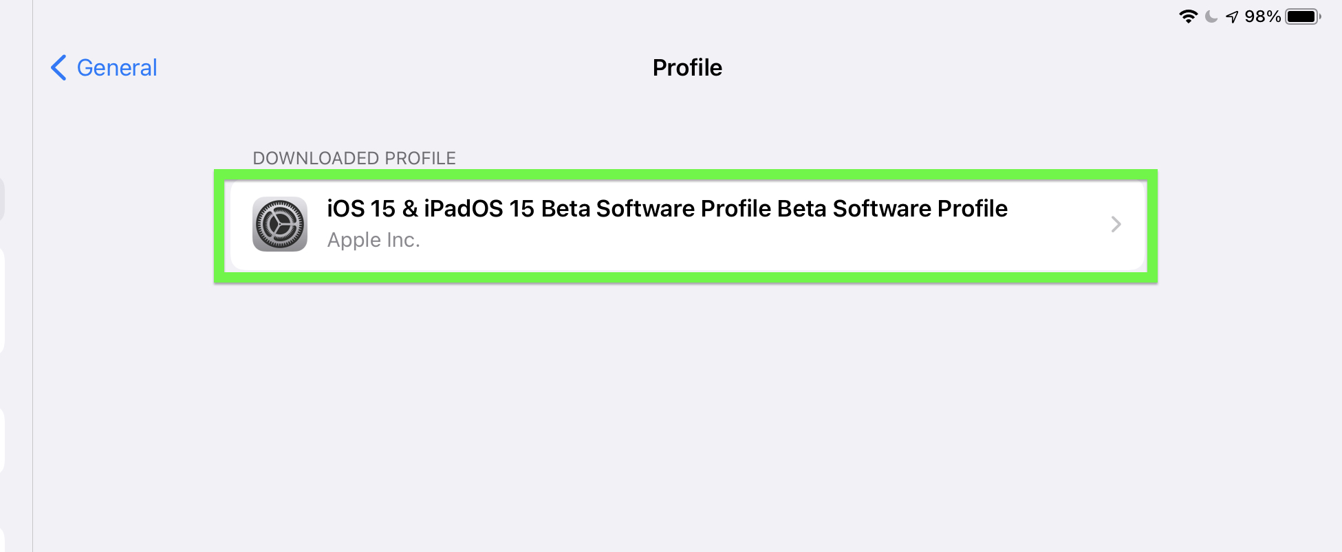 iPadOS 15 beta developer step 10 — select profile