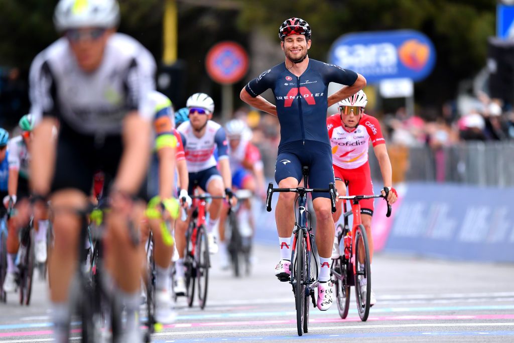TERMOLI ITALY MAY 14 Filippo Ganna of Italy and Team INEOS Grenadiers Victor Lafay of France and Team Cofidis at arrival during the 104th Giro dItalia 2021 Stage 7 a 181km stage from Notaresco to Termoli girodiitalia Giro on May 14 2021 in Termoli Italy Photo by Stuart FranklinGetty Images