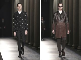 Split picture of two models walking down catwalk - both in black trousers and coats