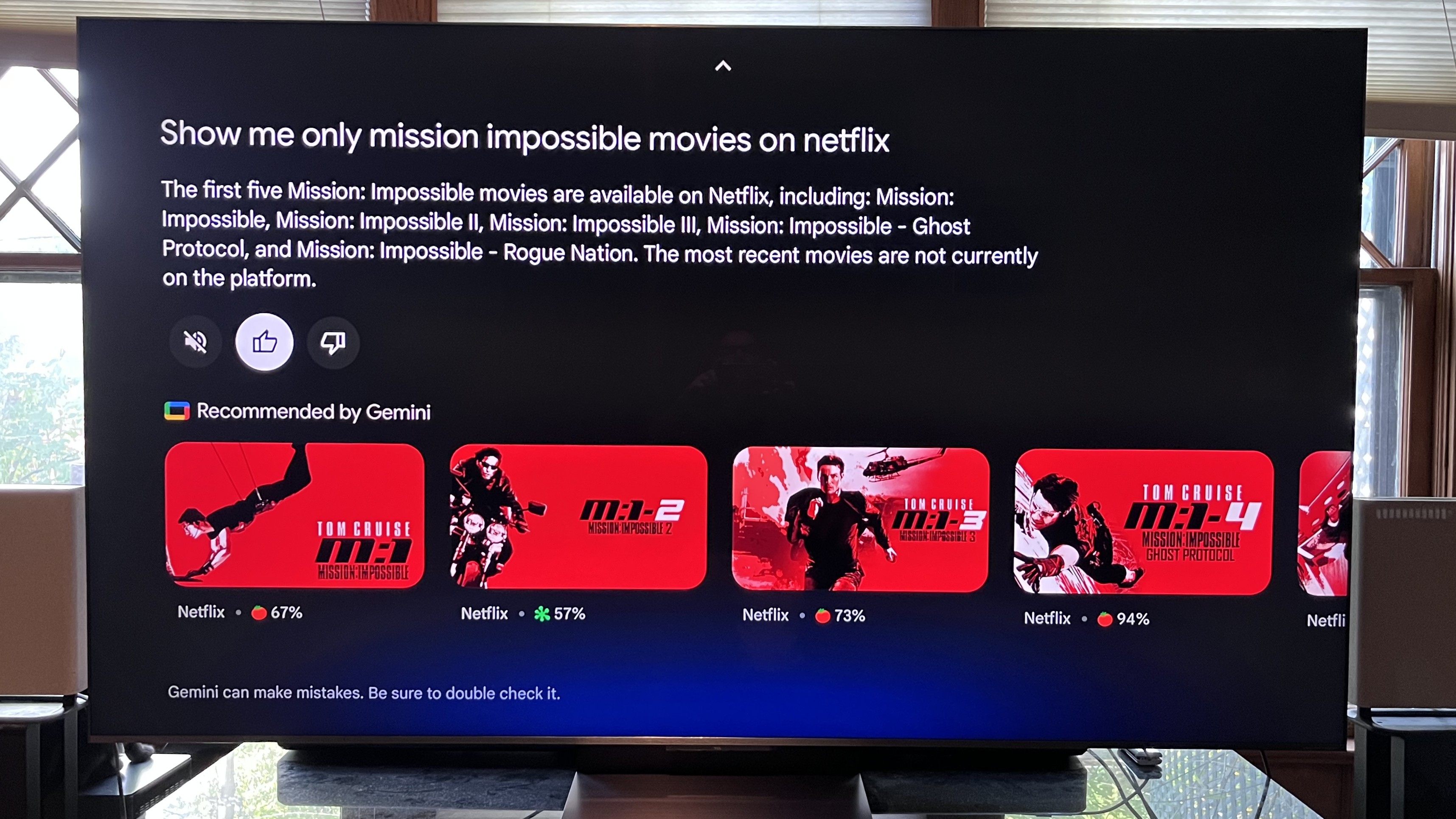 Google TV Gemini screens showing listings of Mission Impossible movies on Netflix