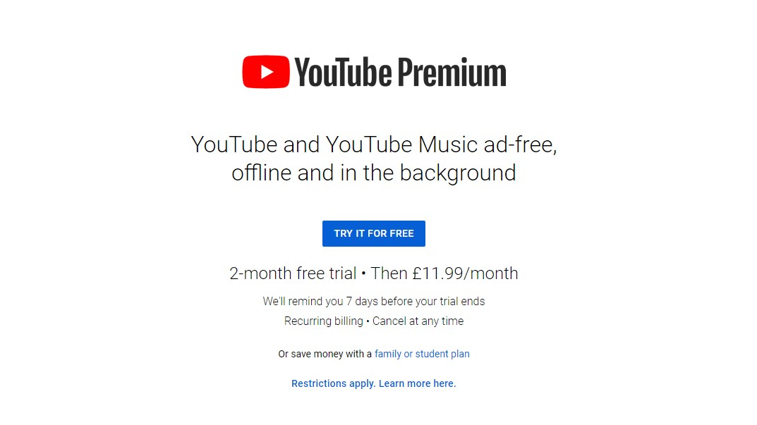 YouTube Premium sign-up screen