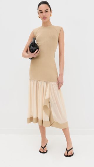 Compact Ribbed Sleeveless Dress With Chiffon Skirt