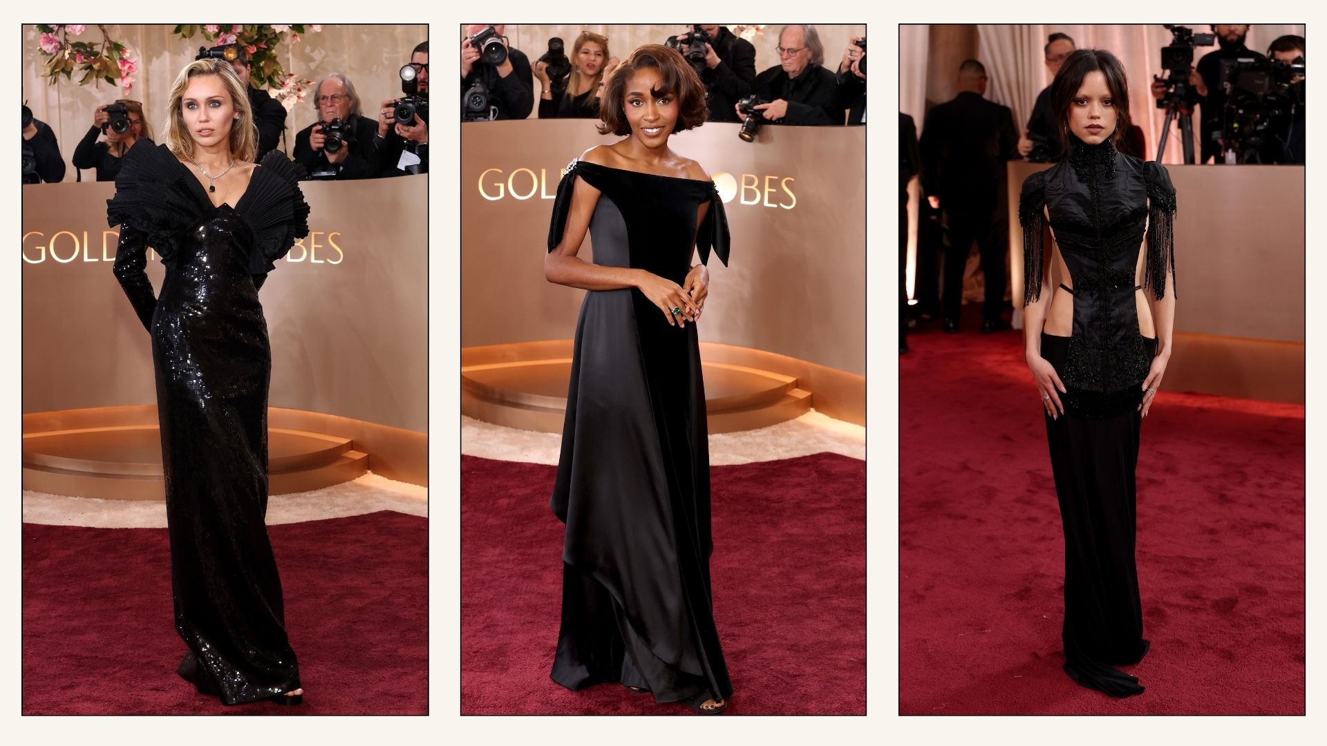 Collage of Miley Cyrus, Ayo Edebiri and Jenna Ortega wearing black at the Golden Globes 2026.