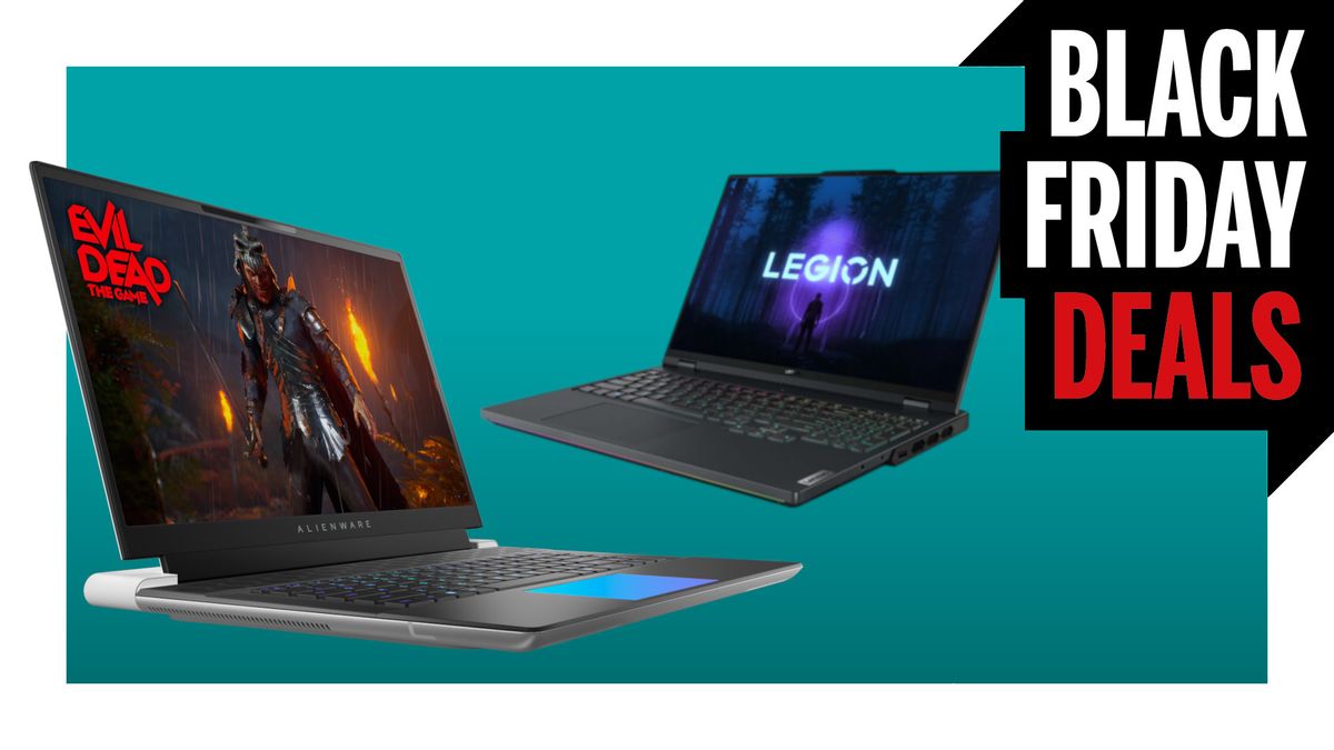 A pair of Alienware and Lenovo gaming laptops against a teal background with a white border, and a Black Friday Deals logo