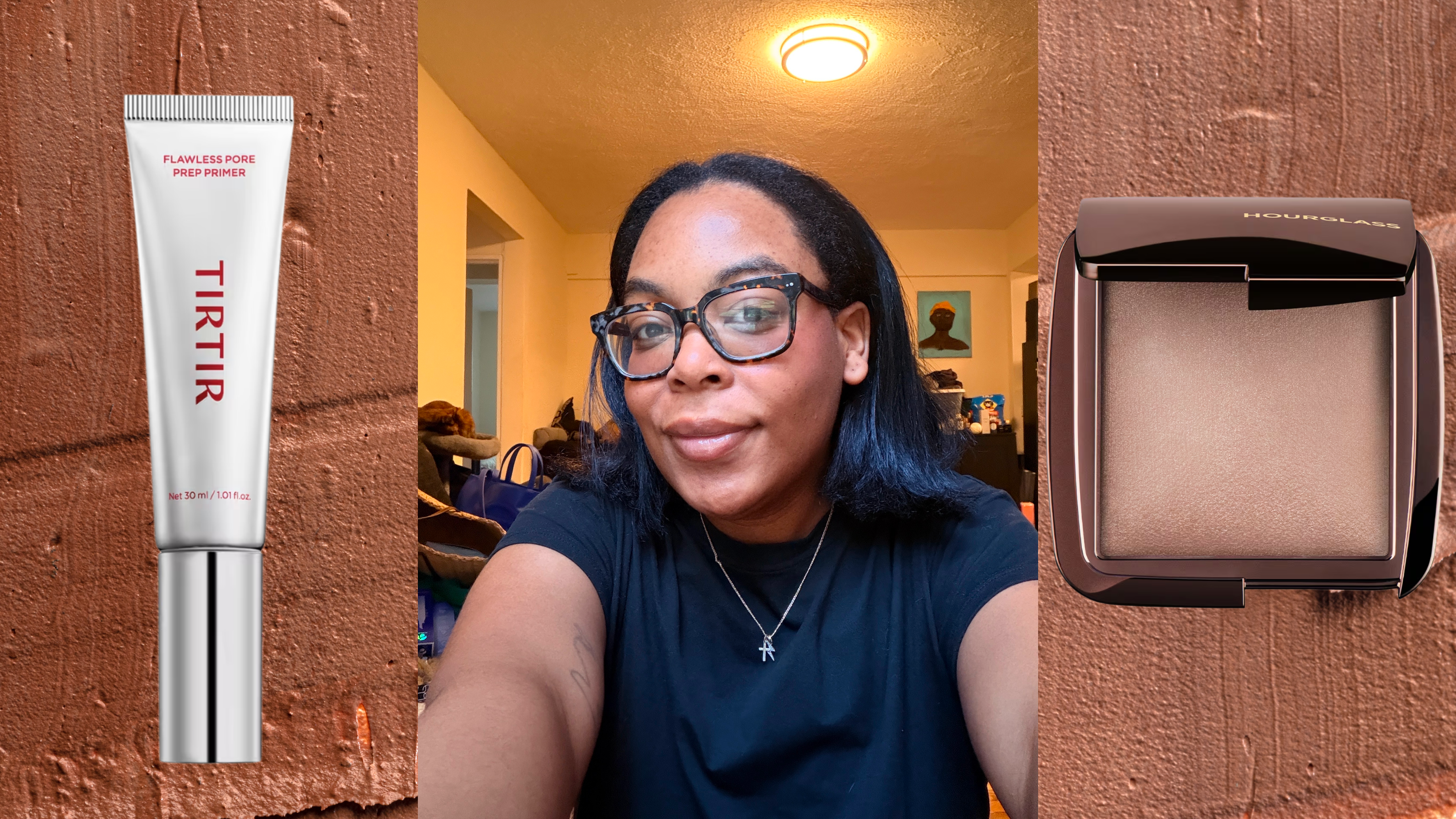A woman with a short bob hairstyle flanked by a primer bottle on her left and a brown powder on her right. All pictures are in front of a brown, textured background of a foundation swatch.