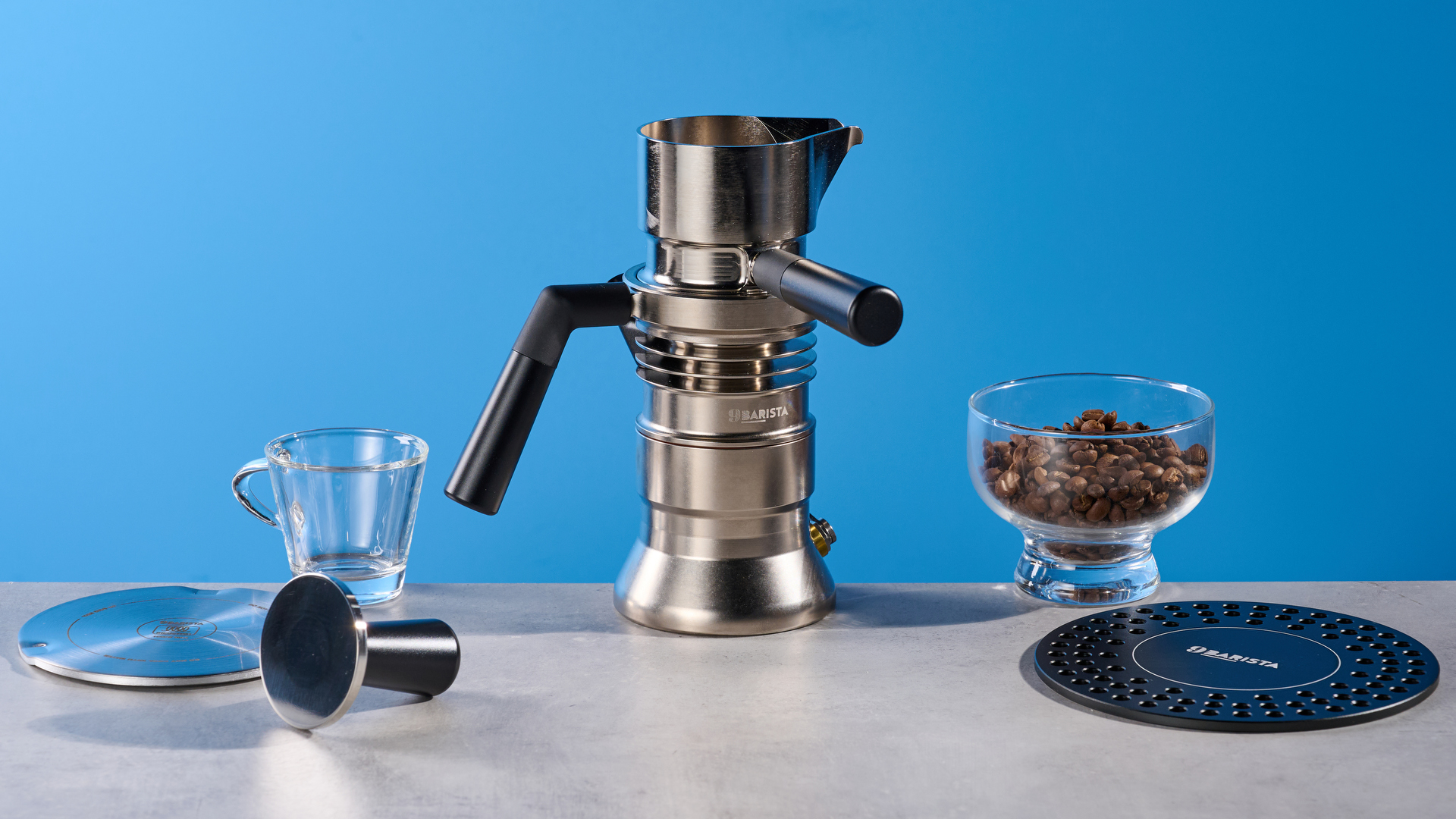 A photo of the 9Barista Espresso Machine Mk.2 against a blue background
