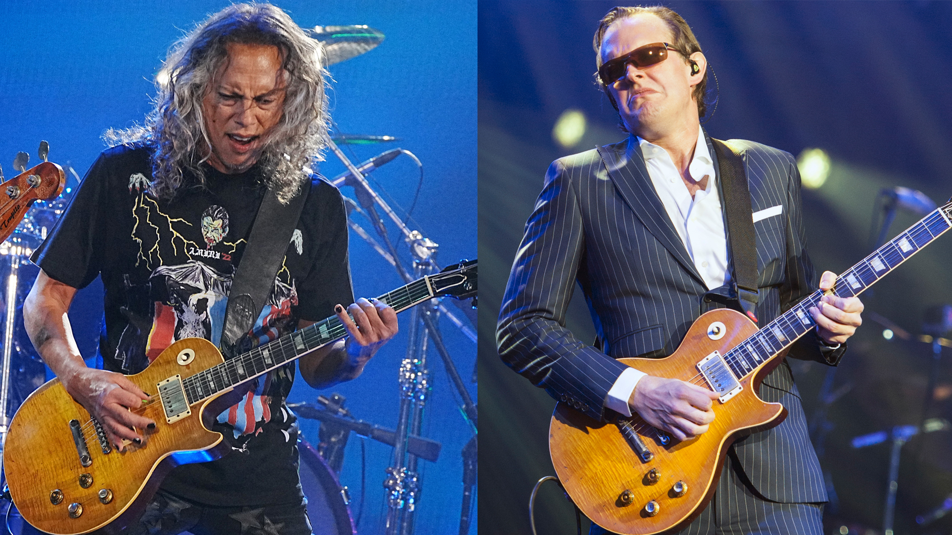 LEFT: Kirk Hammett of Metallica perform onstage as Metallica Presents: The Helping Hands Concert (Paramount+) at Microsoft Theater on December 16, 2022 in Los Angeles, California. RIGHT:  American blues rock musician Joe Bonamassa performing live on stage at the Royal Albert Hall in London, on March 30, 2013.  