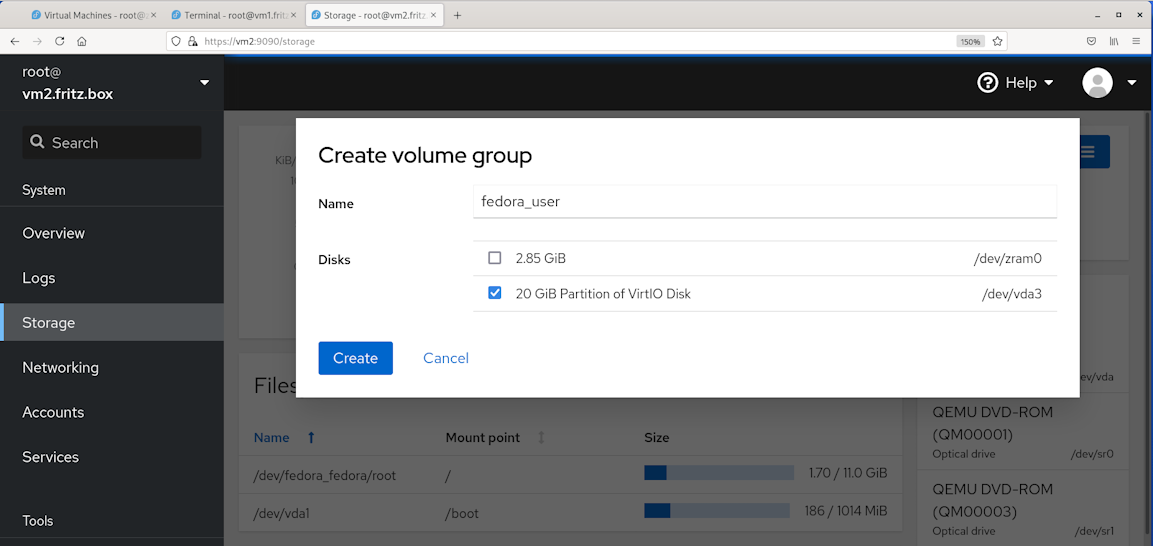 KVM create volume group screen