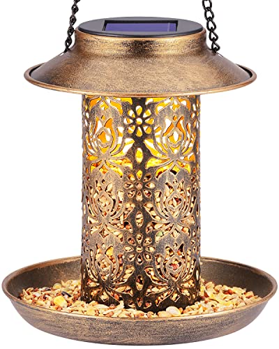 Sweetfull Solar Bird Feeder for Outdoors Hanging, Metal Wild Bird Feeder for Cardinals Solar Garden Lantern With S Hook as Gift for Bird Lovers (2lbs Heavy Duty Birdfeeders)