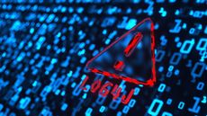 A red warning sign with the words Log4j underneath on a blue background of ones and zeros