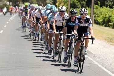 Travis Meyer (Garmin-Cervelo) leads the peloton in pursuit of the break.