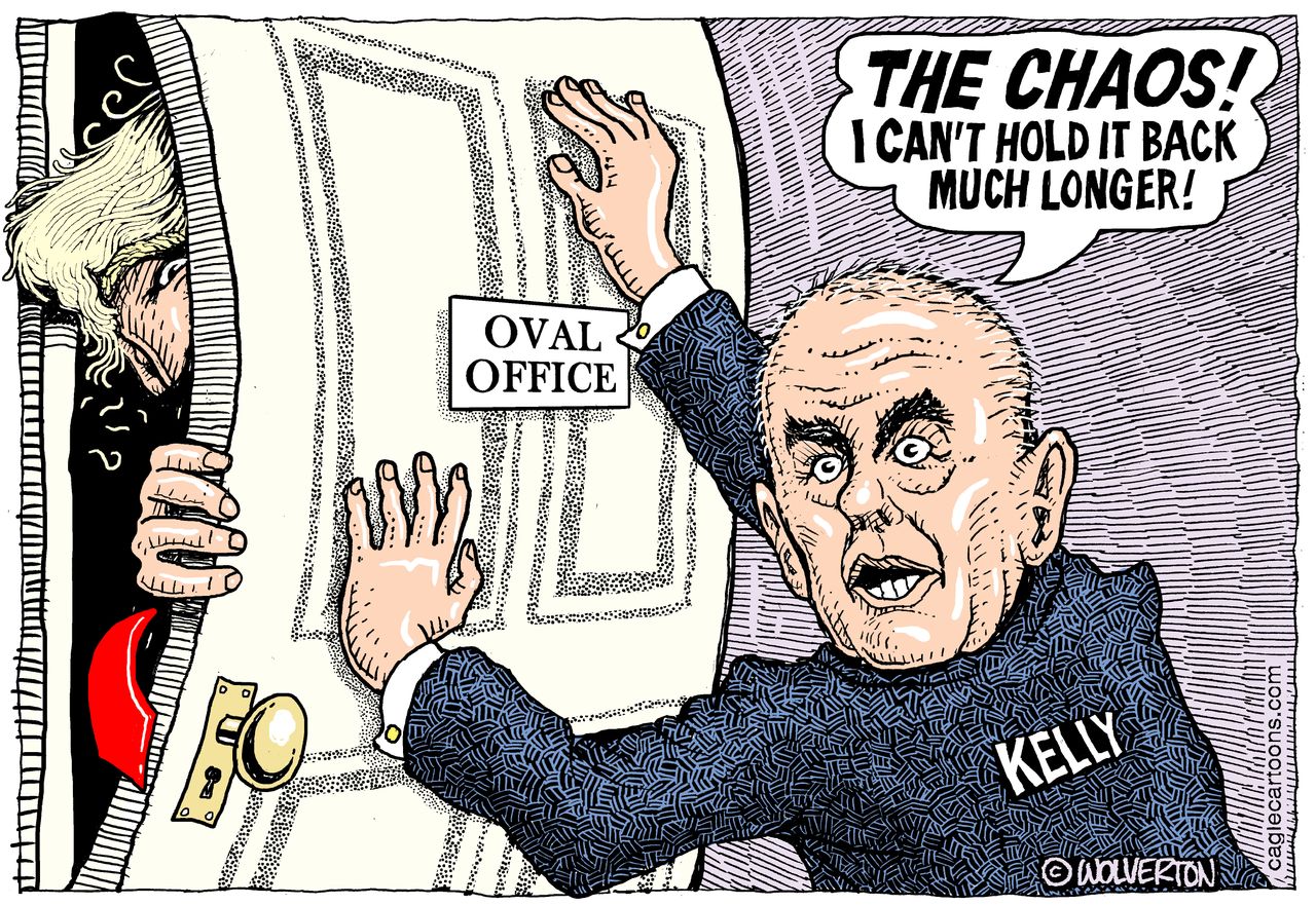 Political cartoon U.S. Trump White House chaos John Kelly