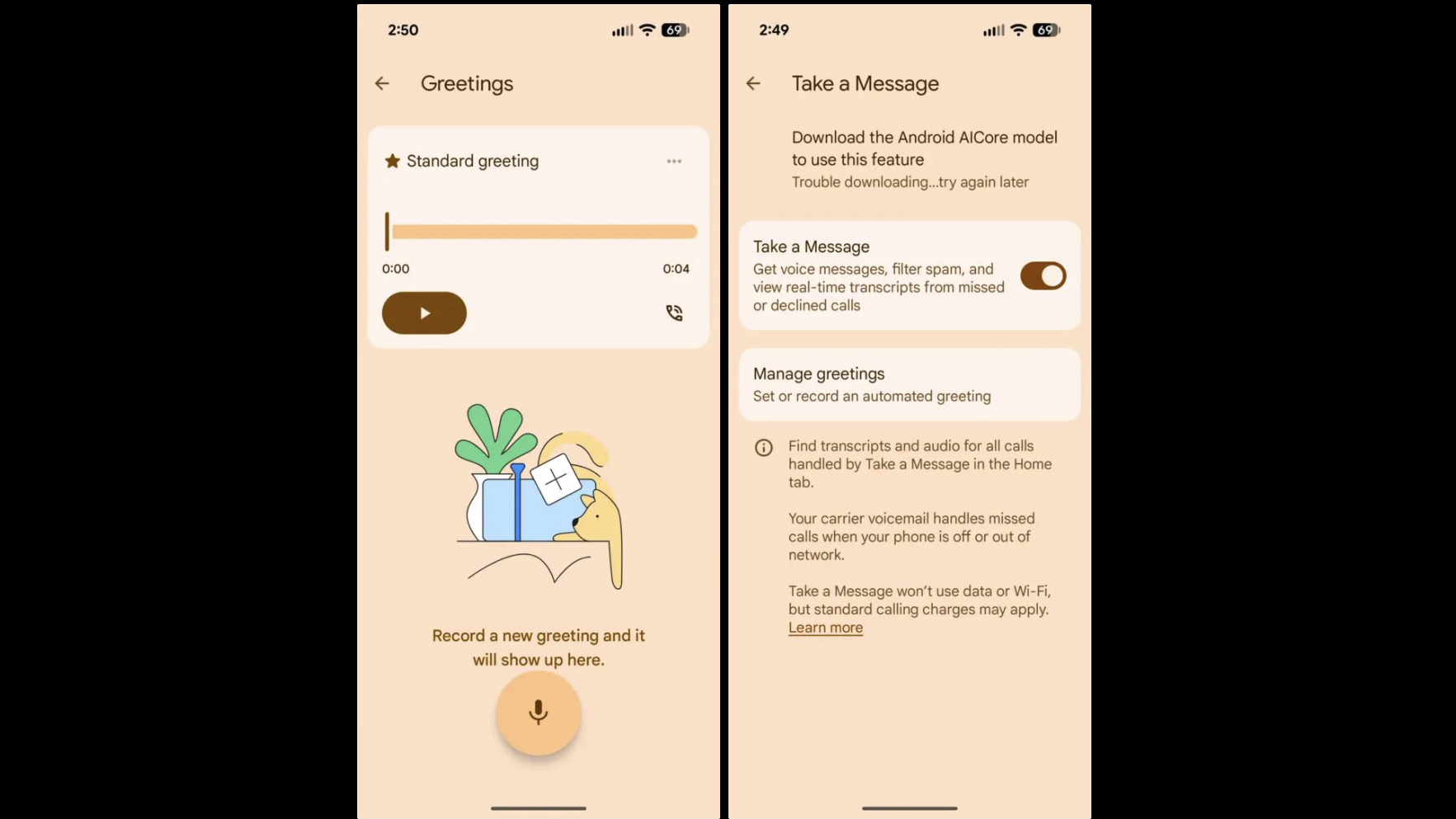 Screenshots from a Take A Message beta update