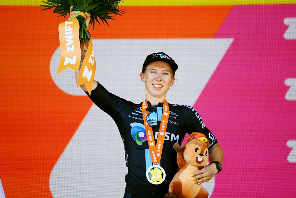 PARIS FRANCE JULY 24 Lorena Wiebes of Netherlands and Team DSM Women celebrates at podium as stage winner during the 1st Tour de France Femmes 2022 Stage 1 a 817km stage from Paris Tour Eiffel to Paris Champslyses TDFF UCIWWT on July 24 2022 in Paris France Photo by Tim de WaeleGetty Images