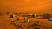 people in spacesuits on the surface of mars surrounded by metal buildings