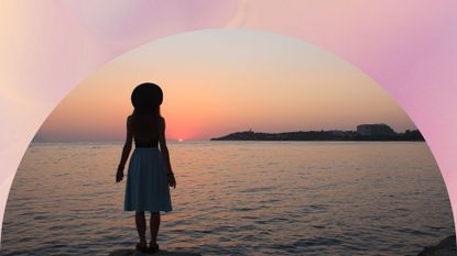 woman's silhouette at the beach as the sun sets; symbolizing august astrology events