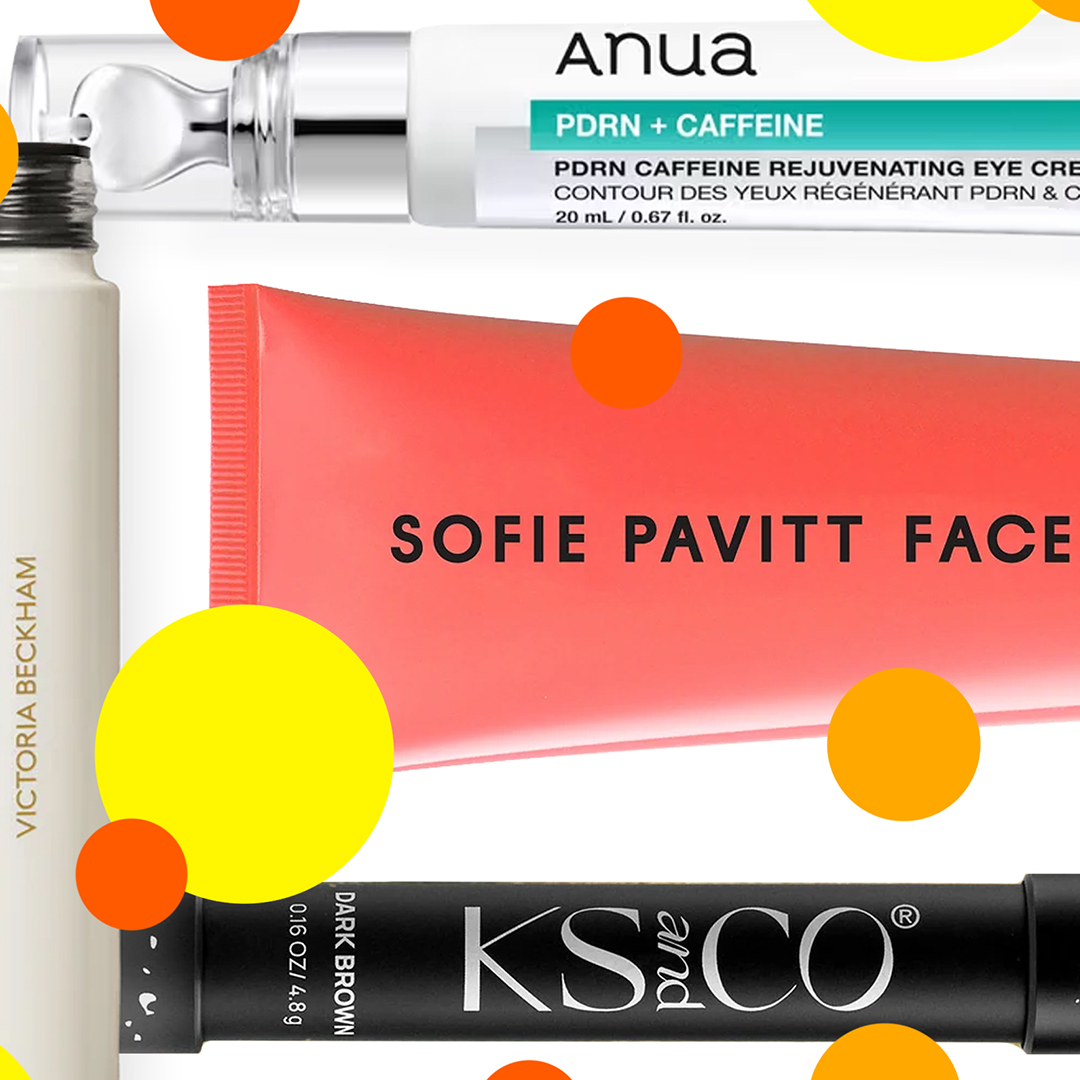 A collage of beauty products (tubes of creams, mascara, brow pencil) with polka dots all over them. 