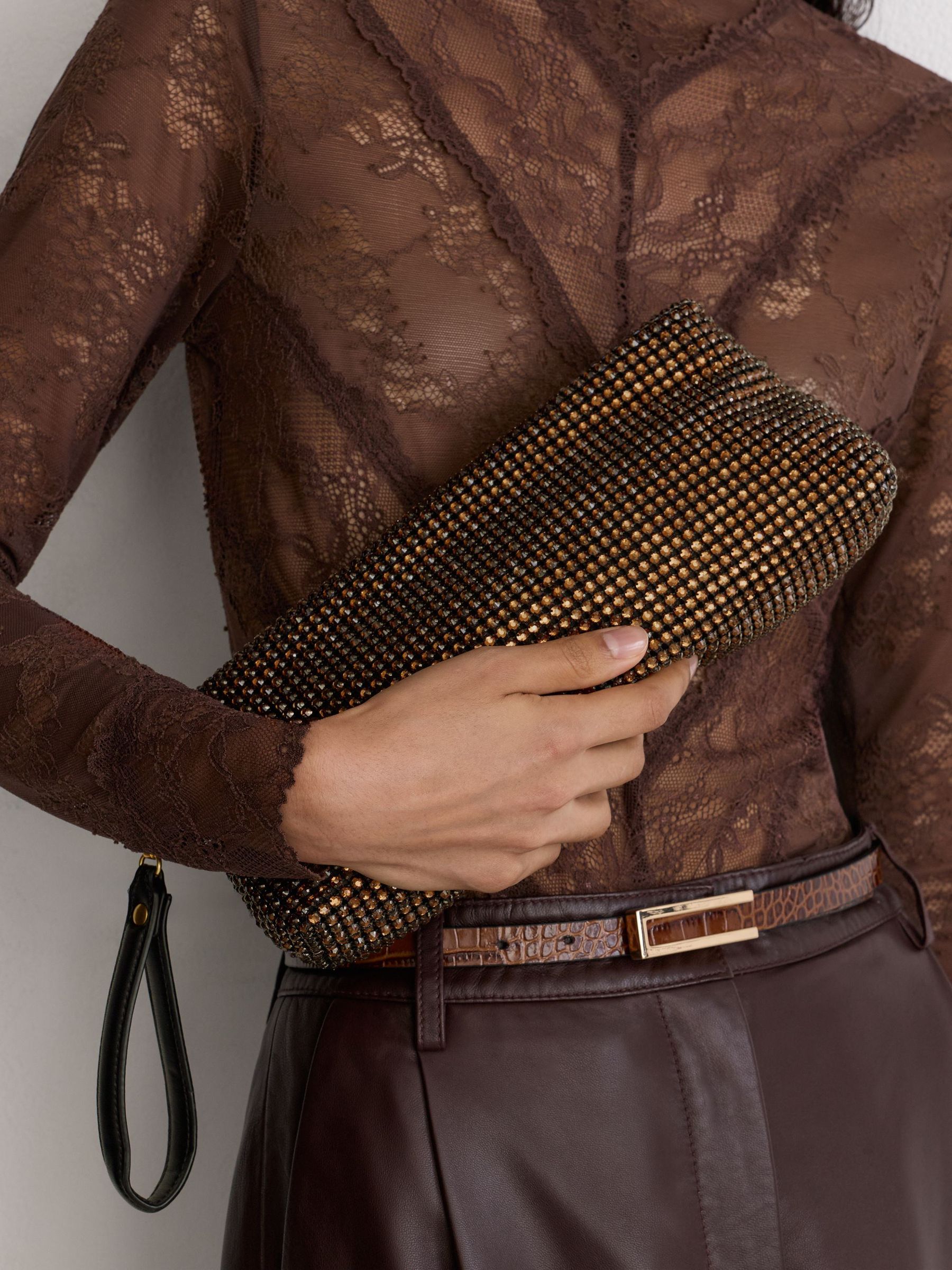 Crystal Embellished Pouch Clutch Bag in Chocolate - Size One
